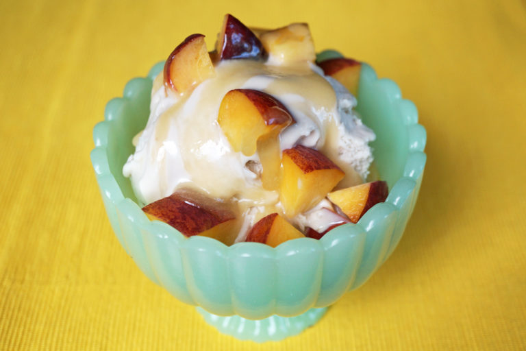 Buttermilk Sherbet with Peaches and Rum Caramel